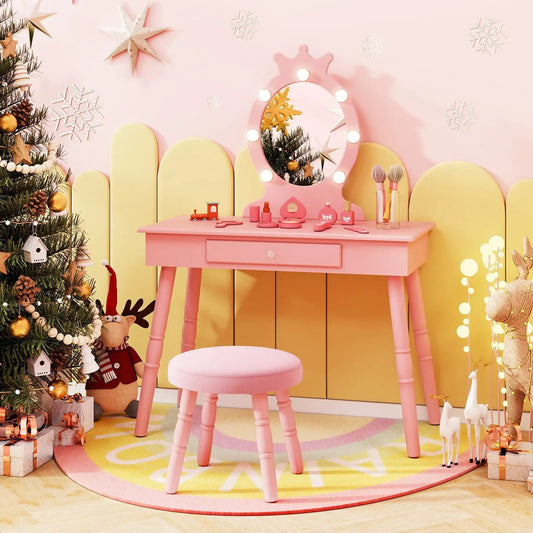 DirectDeals pink kids vanity set with lighted mirror, drawer, and matching pink stool on Tampa Home & Garden Store
