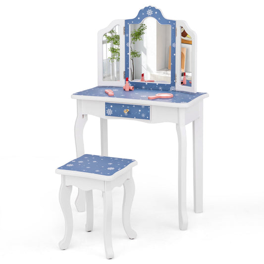 Princess Pretend Play Makeup Table and Stool Set with Tri-folding Mirror - Tampa Home & Garden Store