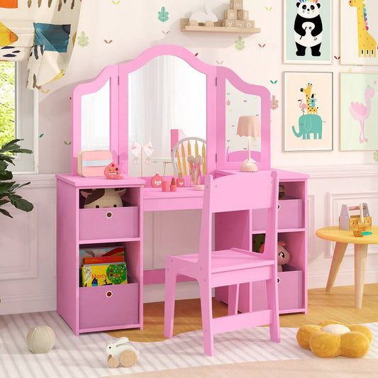 Kids vanity table and chair set in pink with triple mirrors and open cubby storage on Tampa Home & Garden Store