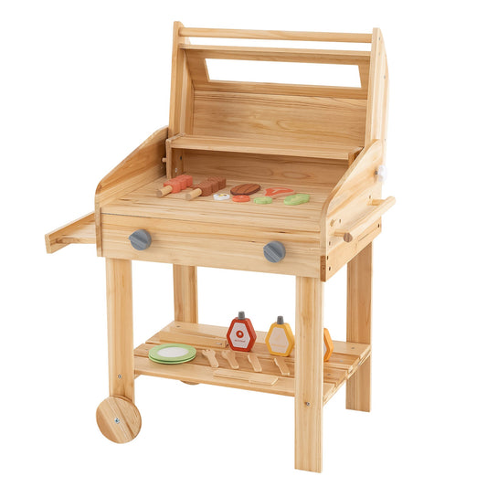Kids Wooden Barbecue Grill Playset Pretend Kitchen with Food and Wheels-Natural - Tampa Home & Garden Store