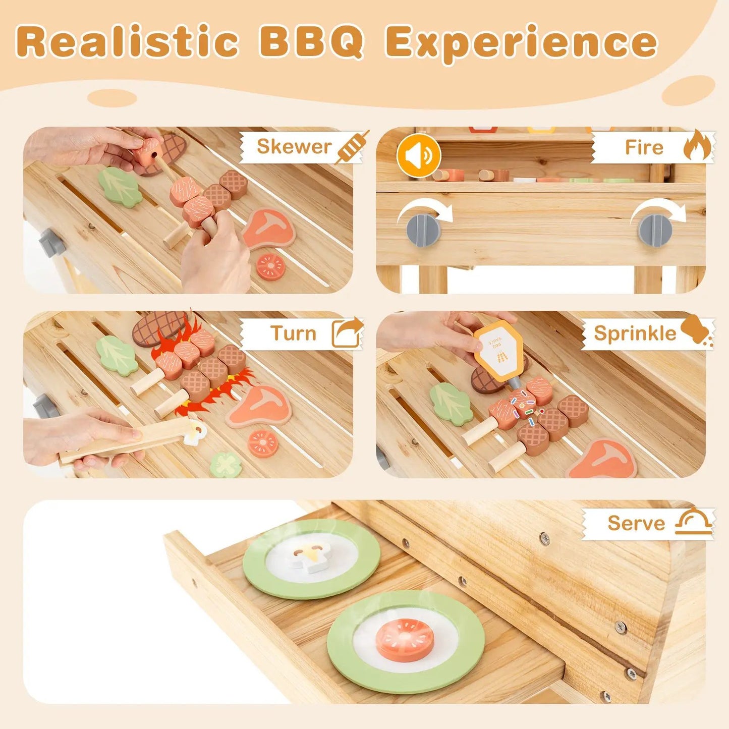 Kids wooden barbecue grill playset with wheels, natural wood finish and pretend skewers on Tampa Home & Garden Store