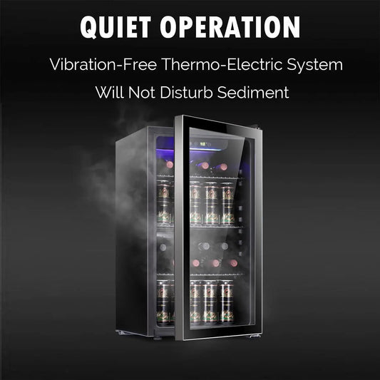 Kismile 3.2 cu ft wine cooler with glass door and stainless frame blue LED interior on Tampa Home & Garden Store