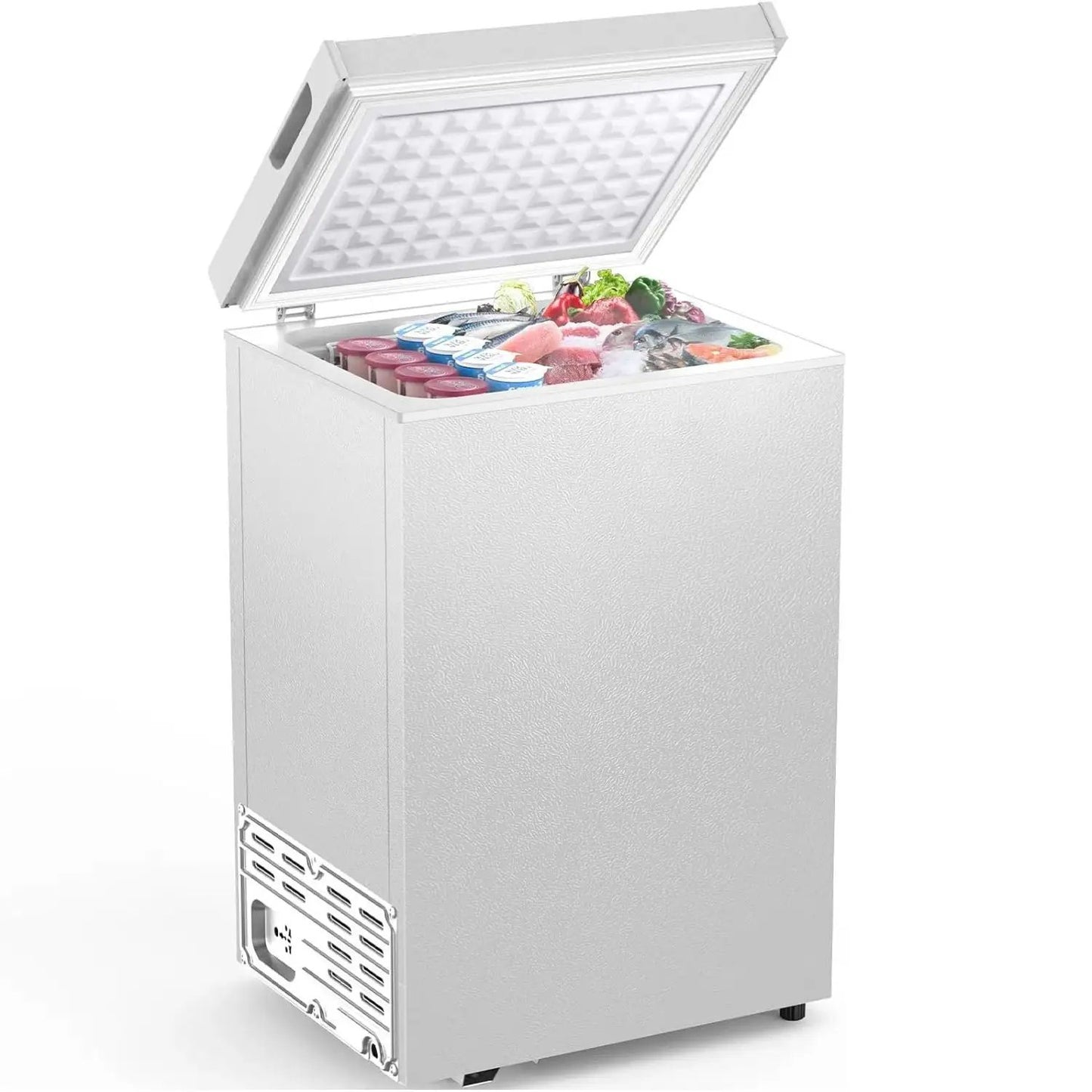 Kismile chest freezer 7.0 cu ft, white freestanding unit with top opening lid and frozen foods on Tampa Home & Garden Store