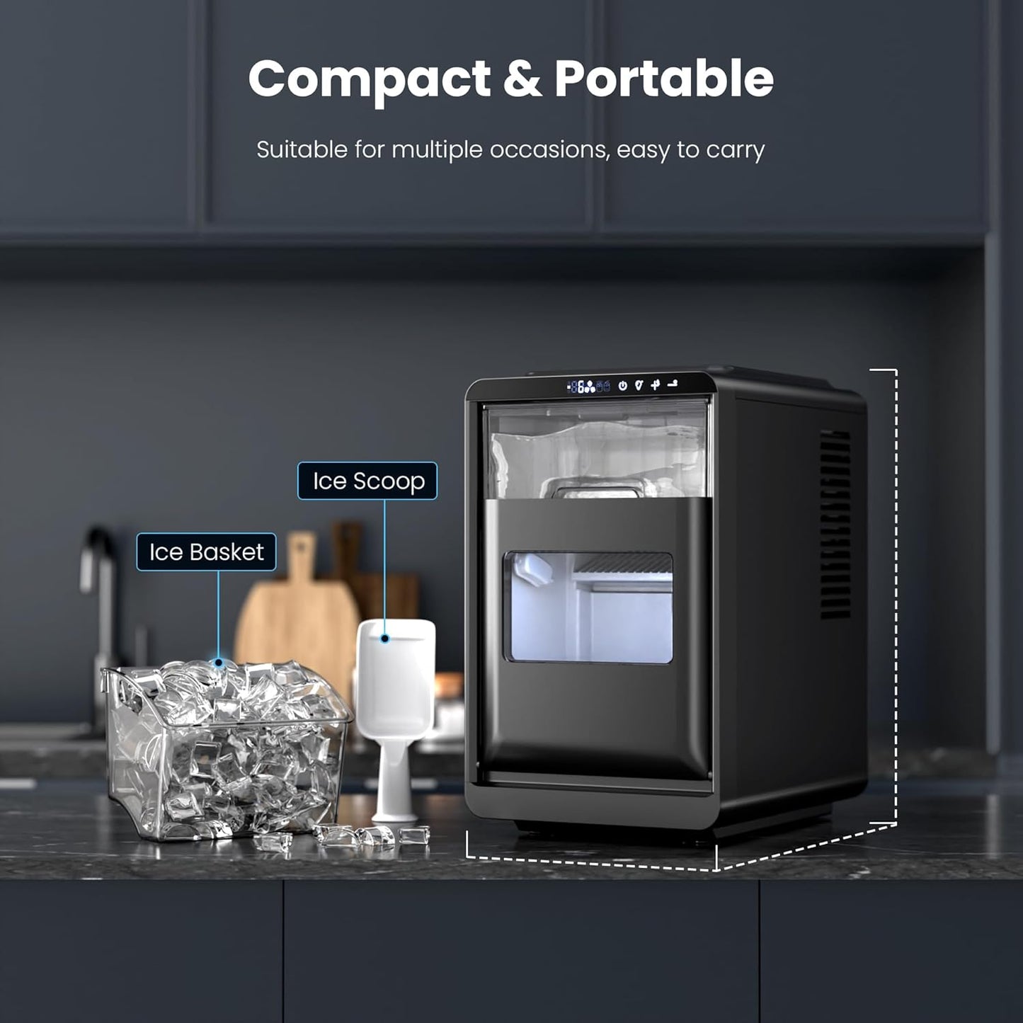 Modern Clear Ice Cube Maker Kismile; 2-piece black countertop set with ice basket and scoop on Tampa Home & Garden Store
