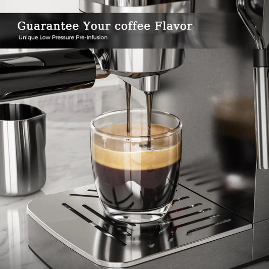 Kismile espresso coffee maker 20 Bar milk frother, stainless steel finish, brews crema into cup on Tampa Home & Garden Store