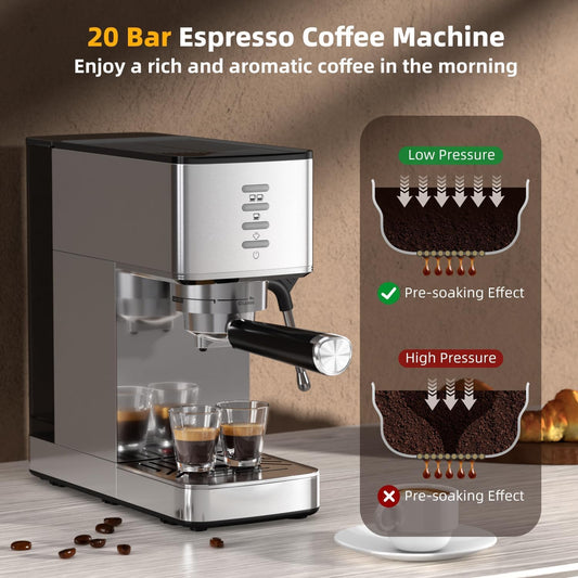 Kismile 20 Bar espresso machine with milk frother, stainless steel body and black accents on Tampa Home & Garden Store