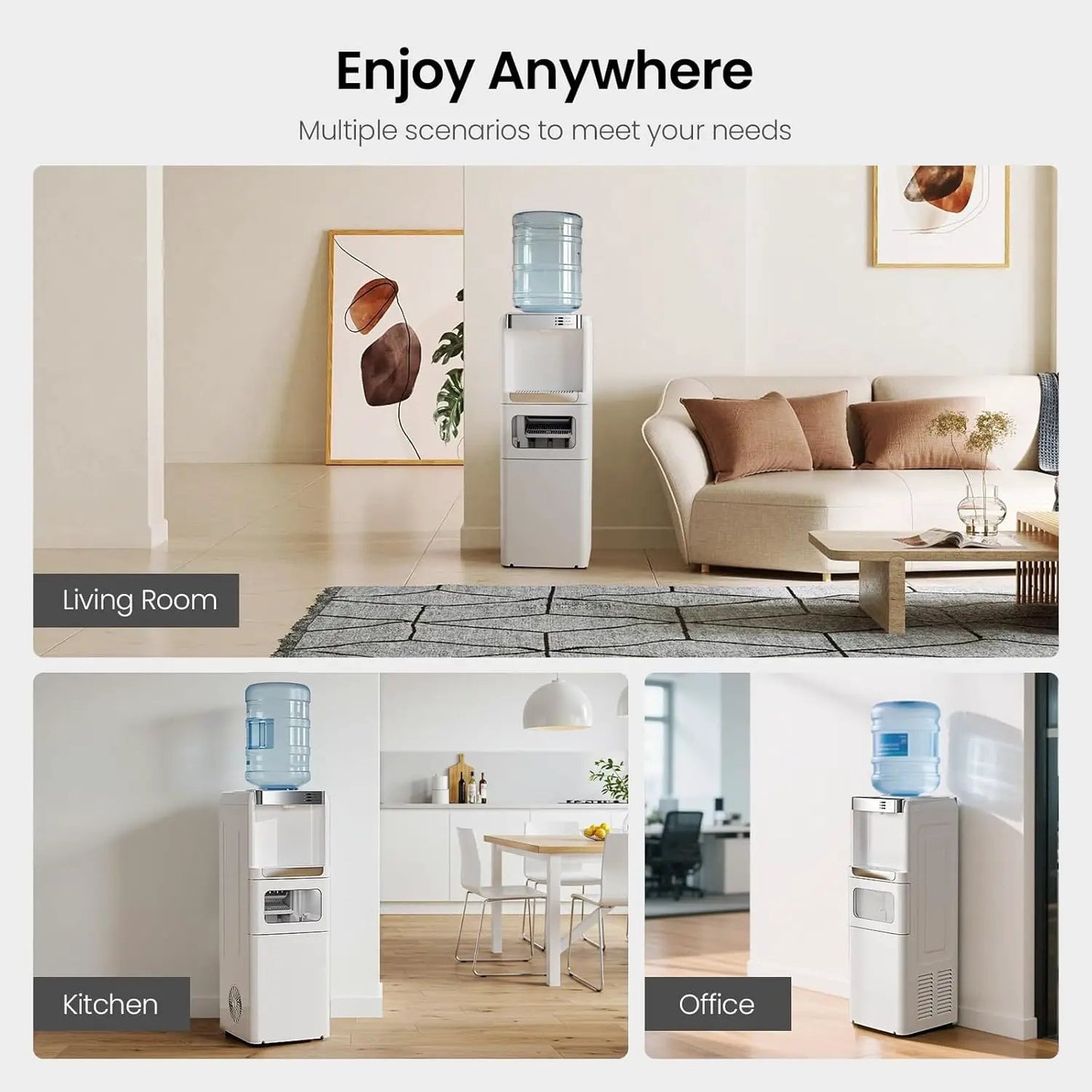 White Kismile water cooler with ice maker shown in living room, kitchen and office layouts on Tampa Home & Garden Store