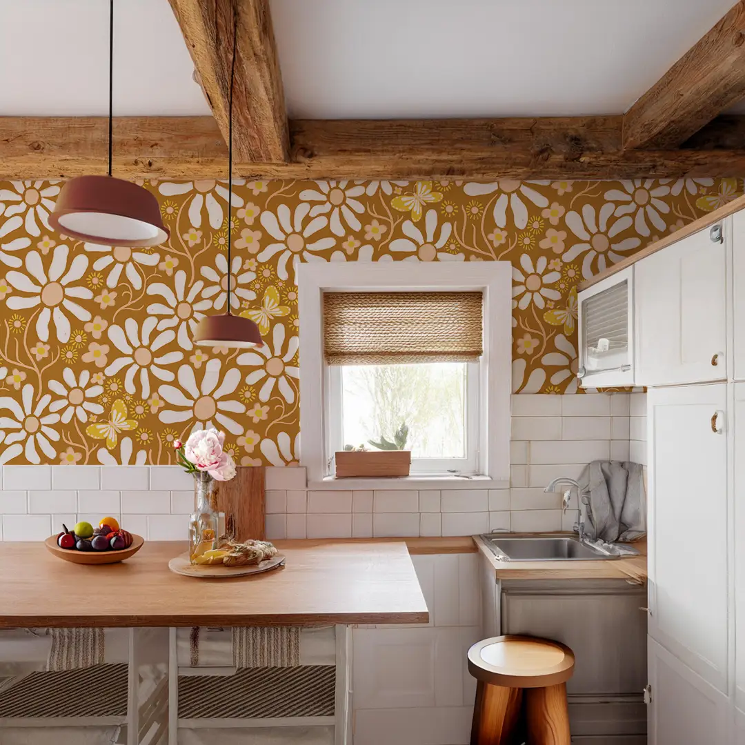 Wallpaper Spring Daze in rust tones with white floral pattern on warm rust backdrop on Tampa Home & Garden Store