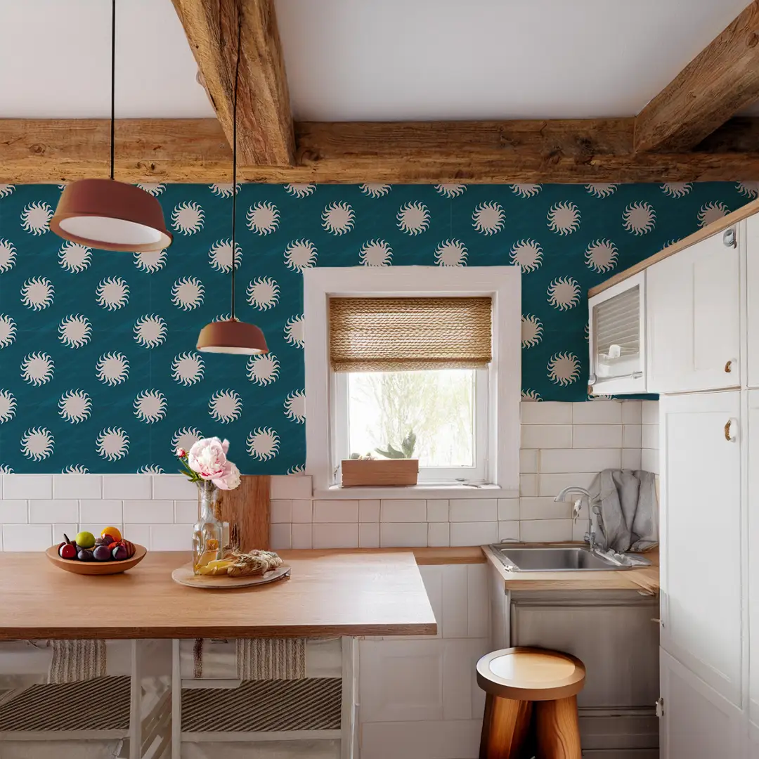 Sol Wallpaper blue and white sunburst pattern teal backdrop on Tampa Home & Garden Store