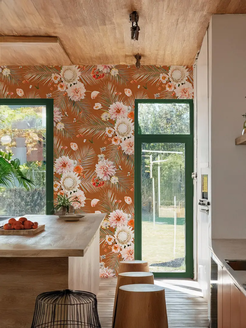 Wallpaper Palm Springs Desert Rust Floral Pattern with rust backdrop and pink flowers on Tampa Home & Garden Store