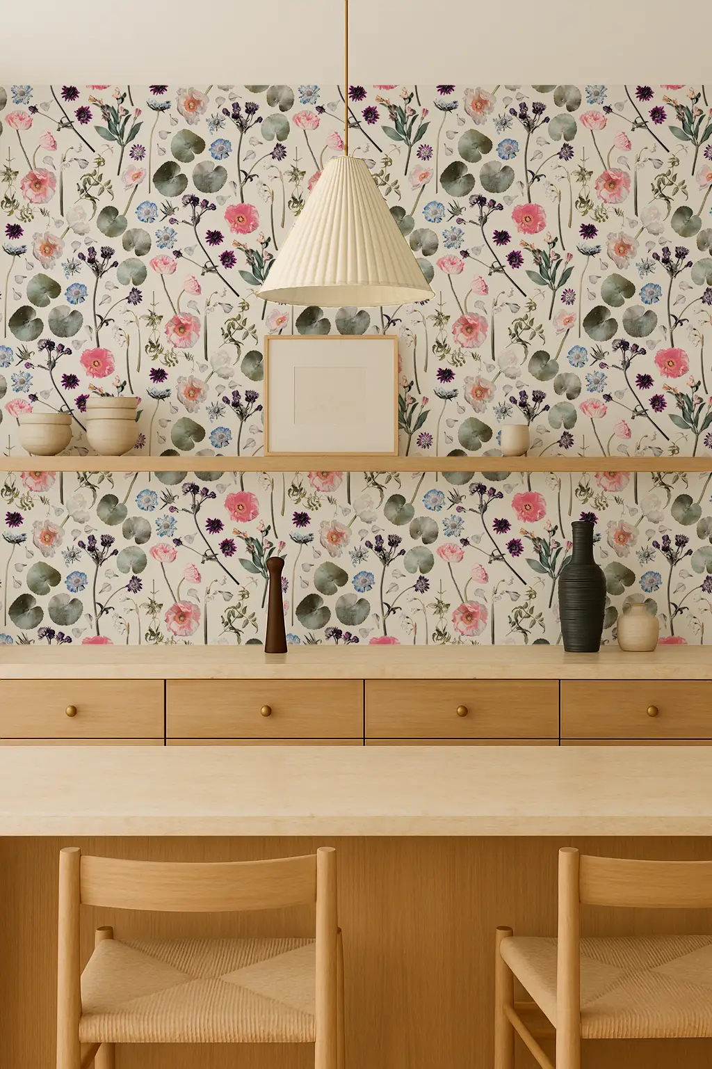 Wallpaper Floral Finds white botanical print with pink blue purple flowers on green leaves on Tampa Home & Garden Store
