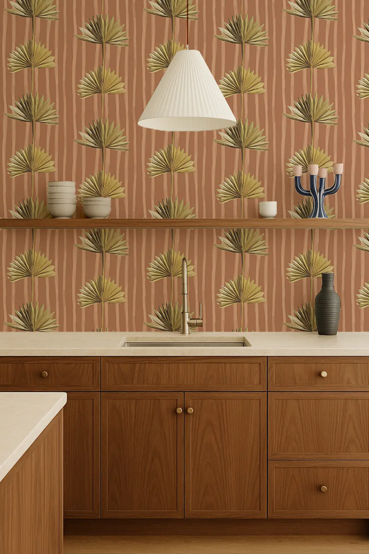 Stripey Palm Wallpaper terra cotta and yellow by Samantha Santana Creative on Tampa Home & Garden Store