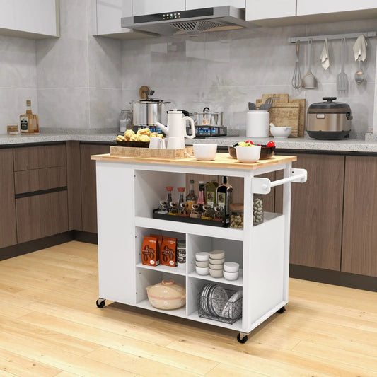 Kitchen island trolley on wheels, white frame and wood top with shelves and drawer DirectDeals on Tampa Home & Garden Store
