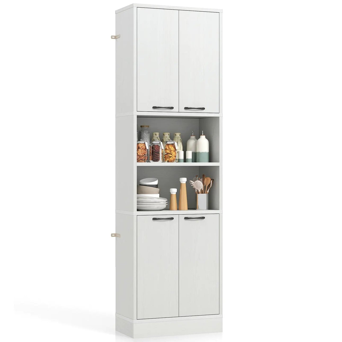 75 Inch tall white kitchen pantry cabinet with doors, black handles and open shelving on Tampa Home & Garden Store