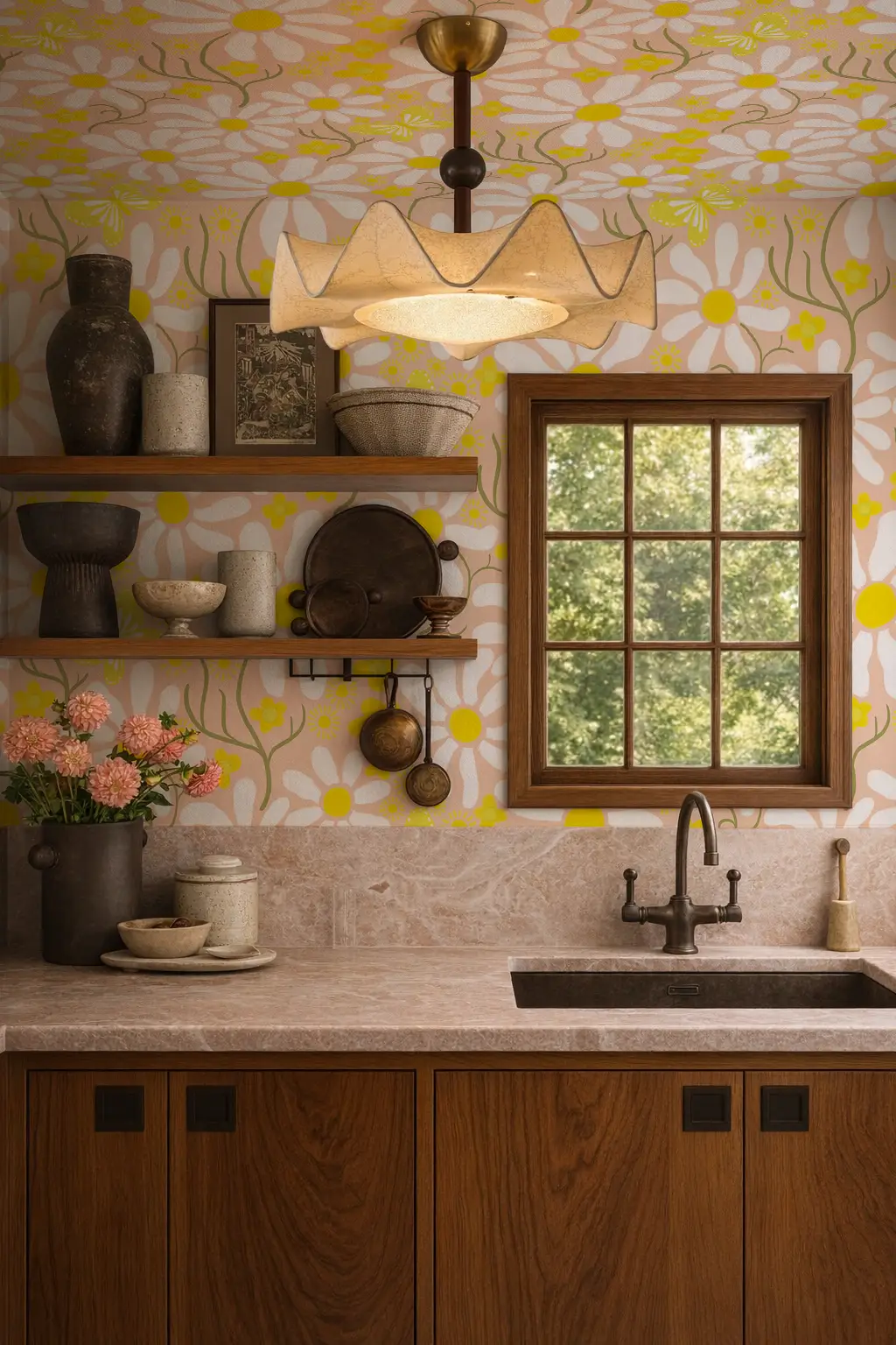 Wallpaper Spring Daze Peach and Daisies by Samantha Santana Creative, peach and daisies pattern on Tampa Home & Garden Store