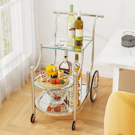 3 Tier Bar Cart on Wheels with Mirrored Shelves, Chrome Finish DirectDeals on Tampa Home & Garden Store