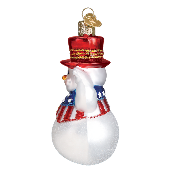Patriotic Snowman Ornament with Star Spangle Charm, red top hat and striped scarf on Tampa Home & Garden Store