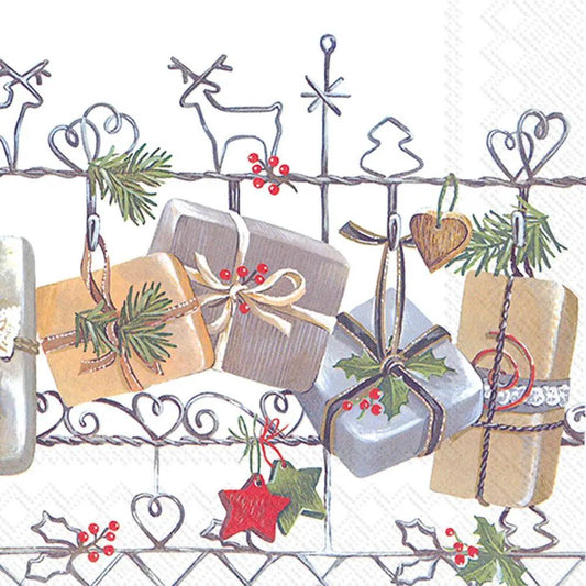Christmas Trellis Cocktail Napkins Set wrapped gifts on a decorative trellis with greenery on Tampa Home & Garden Store