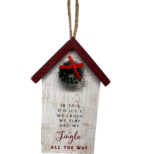 Jingle All the Way wooden ornament rustic house with red roof and wreath rope hanger on Tampa Home & Garden Store