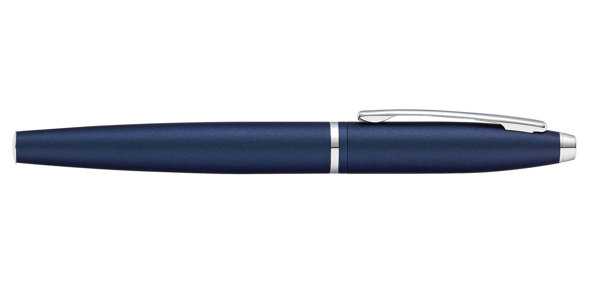 Calais Matte Metallic Midnight Blue Rollerball Pen by A.T. Cross navy body with silver clip on Tampa Home & Garden Store