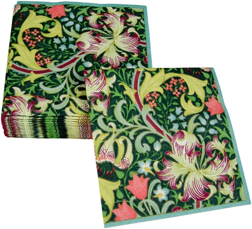 Golden Lily Forest cocktail napkins with teal border and lush green floral pattern on Tampa Home & Garden Store