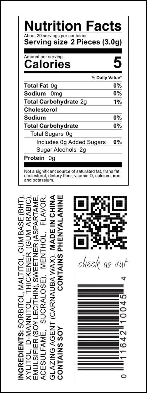 Chowards Sugar Free Gum Peppermint packaging with Nutrition Facts panel and barcode on Tampa Home & Garden Store