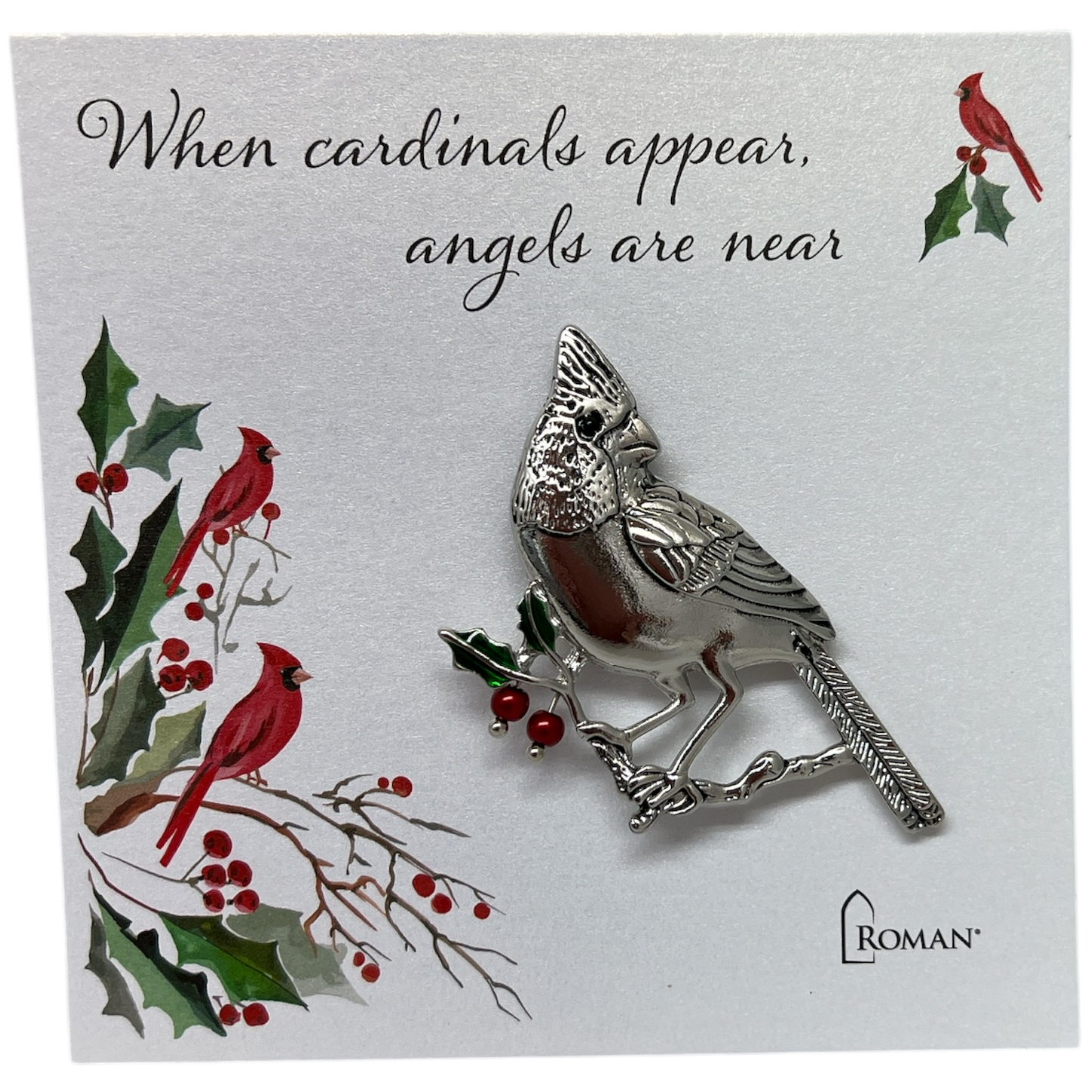 Cardinal Pin with Heartfelt Message, silver-tone with red berry accents on card by Roman on Tampa Home & Garden Store