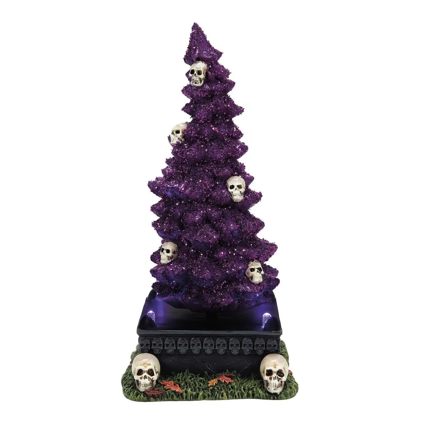 Haunted Skull Tree with purple glitter, skull accents, LED lights, rotates on base on Tampa Home & Garden Store