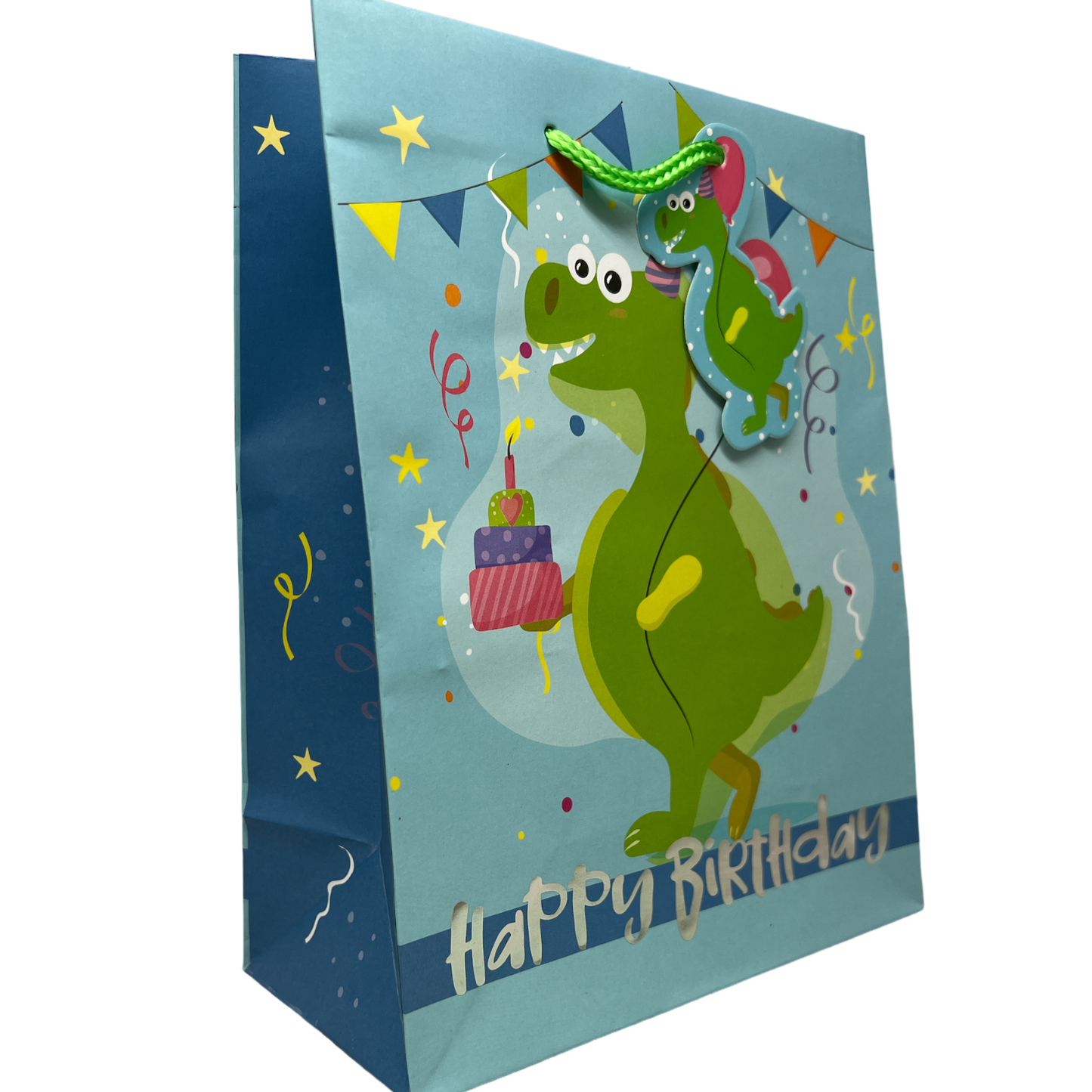 Dinosaur Birthday Gift Bag with Dino Gift Tag, blue bag with a green dinosaur design on Tampa Home & Garden Store