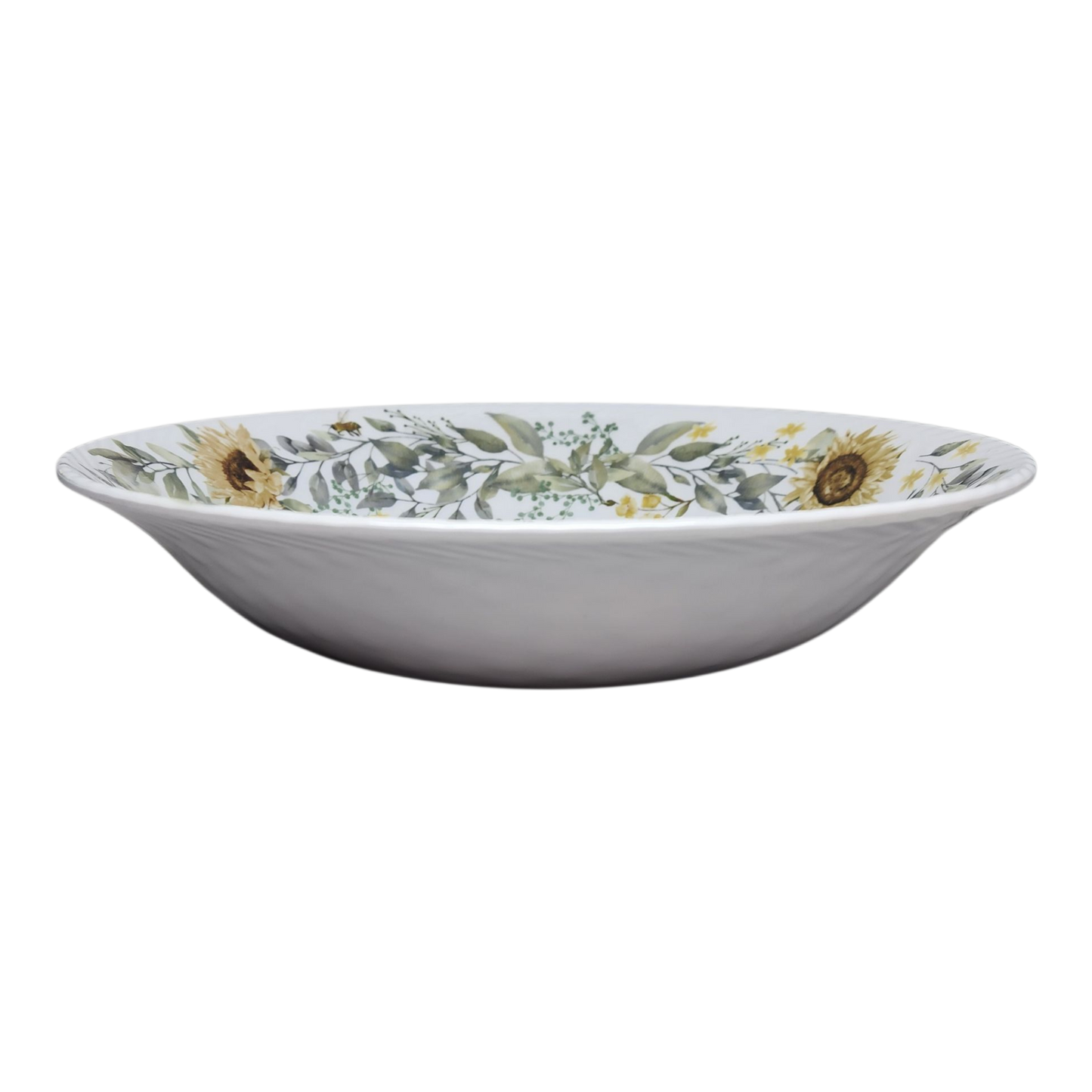 Melamine Bee Design Salad Bowl 13 Inch white bowl with sunflower bee motif on Tampa Home & Garden Store