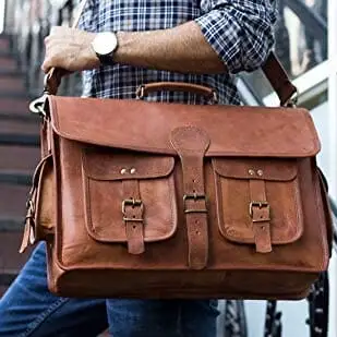 Cambridge Leather Briefcase with Adjustable Strap brown leather bag with buckle pockets on Tampa Home & Garden Store