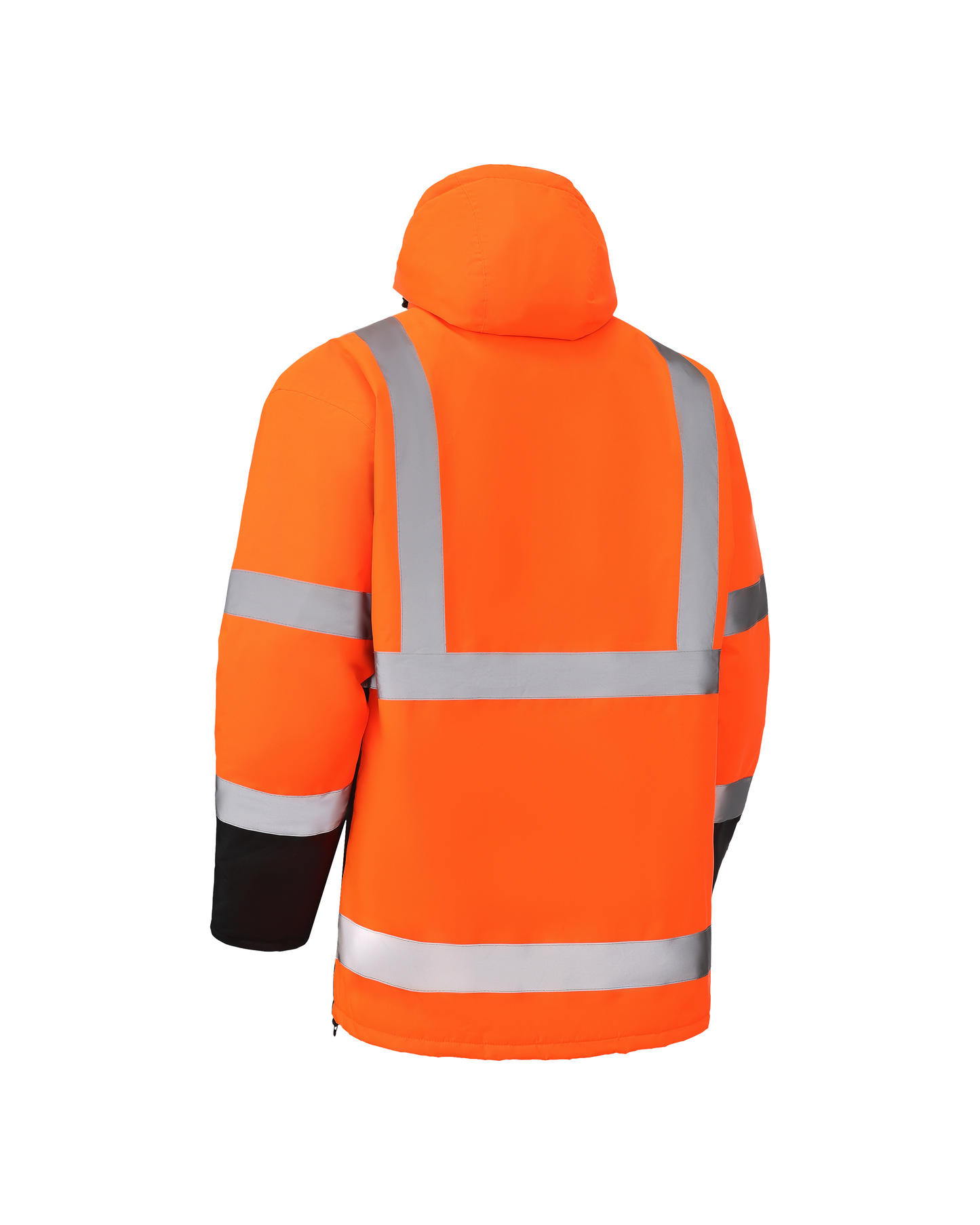 Kiwi High Visibility Hooded Jacket orange with reflective bands Class 3, back view on Tampa Home & Garden Store