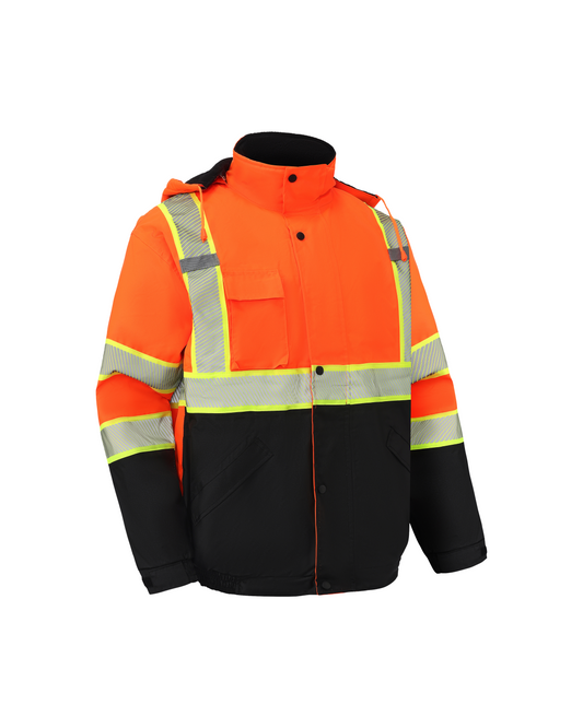 Kiwi high visibility hooded safety jacket ANSI Class 3 in bright orange with reflective stripes on Tampa Home & Garden Store