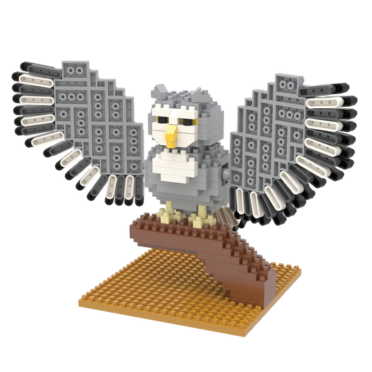 Mini Building Blocks Great Horned Owl Figure with gray wings on a tan baseplate on Tampa Home & Garden Store