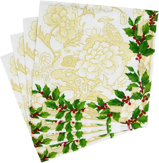 Holly Ivory and Gold Luncheon Napkin with damask floral holly border by Country Christmas Loft on Tampa Home & Garden Store