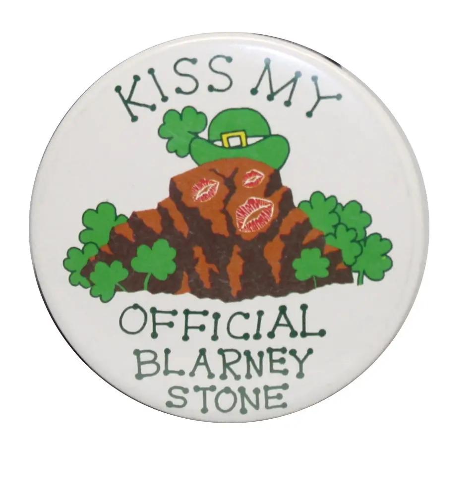 St Patrick's Day brooch Kiss My Blarney Stone with leprechaun hat atop rock on Tampa Home & Garden Store