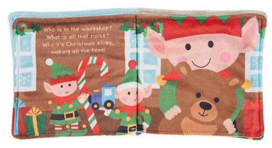 Baby soft fabric book Santa's Workshop with elves and bear by The Country Christmas Loft on Tampa Home & Garden Store