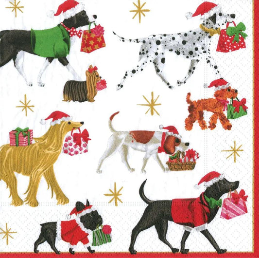 Christmas Delivery Cocktail Napkins White with festive dogs in Santa hats delivering gifts on Tampa Home & Garden Store