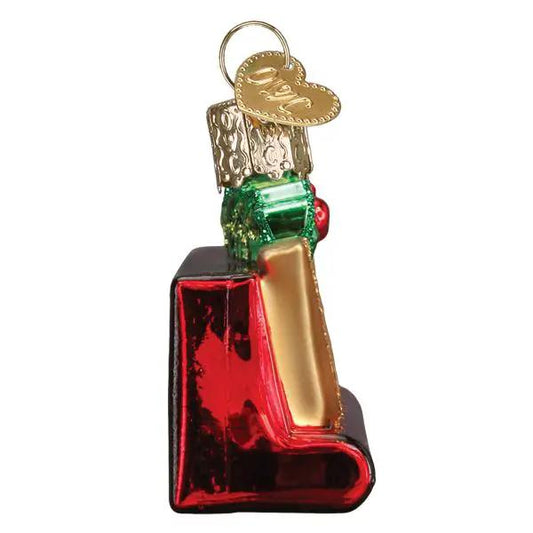 Joyful Scrabble Glass Ornament red L-shaped glass with gold and green embellishments on Tampa Home & Garden Store