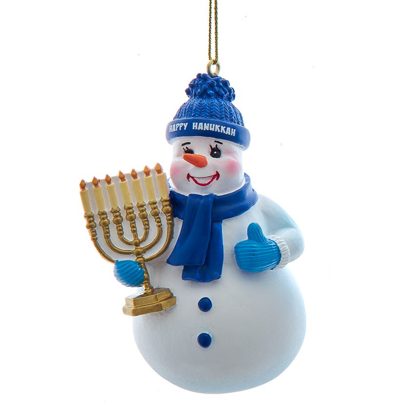Hanukkah snowman ornament with menorah, white body, blue knit hat and scarf, gold menorah on Tampa Home & Garden Store