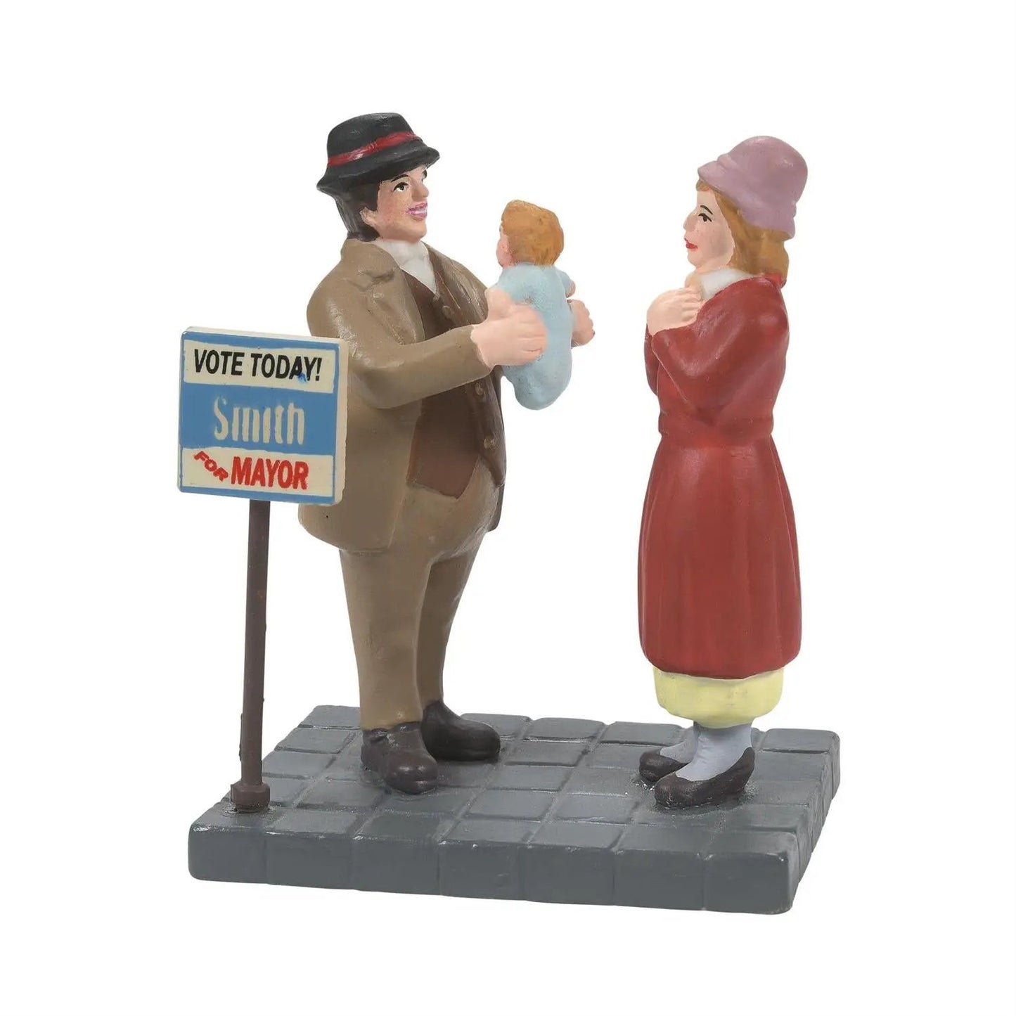Whatever It Takes to Win City Hall Figurine, hand-painted resin depicts a man presenting a baby to a woman beside a Vote Today for Mayor sign on a city sidewalk on Tampa Home & Garden Store