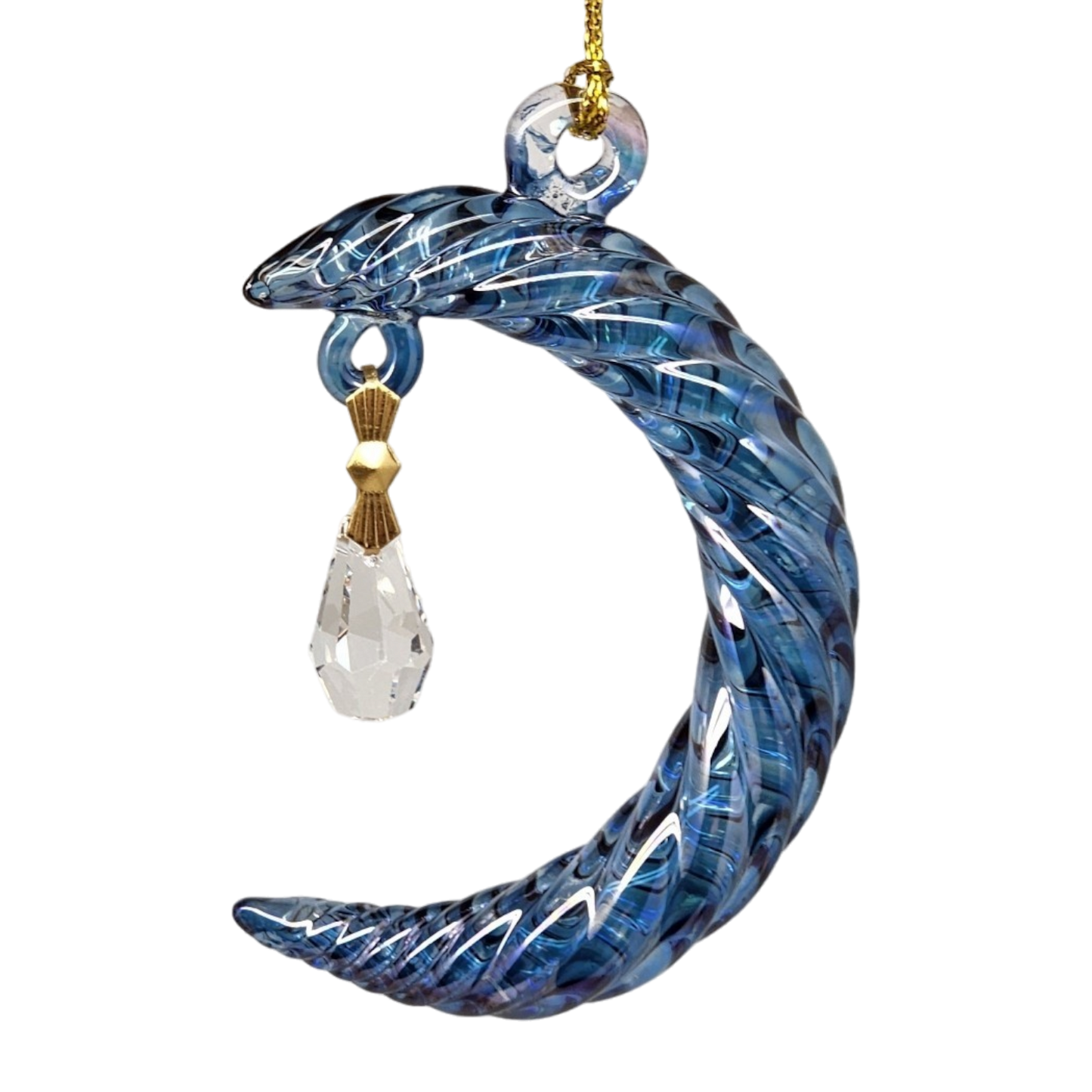Blue glass crescent moon ornament with marbled pattern, crystal drop pendant, Egyptian glass on Tampa Home & Garden Store