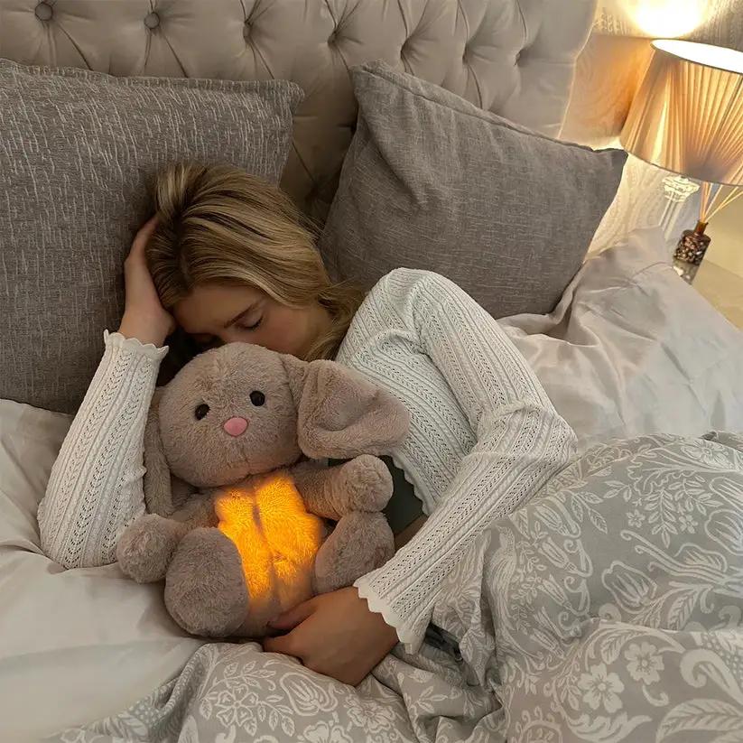 Breathing Plush Toy Moktan Sabai, gray bunny with glowing chest for calming sleep music light on Tampa Home & Garden Store