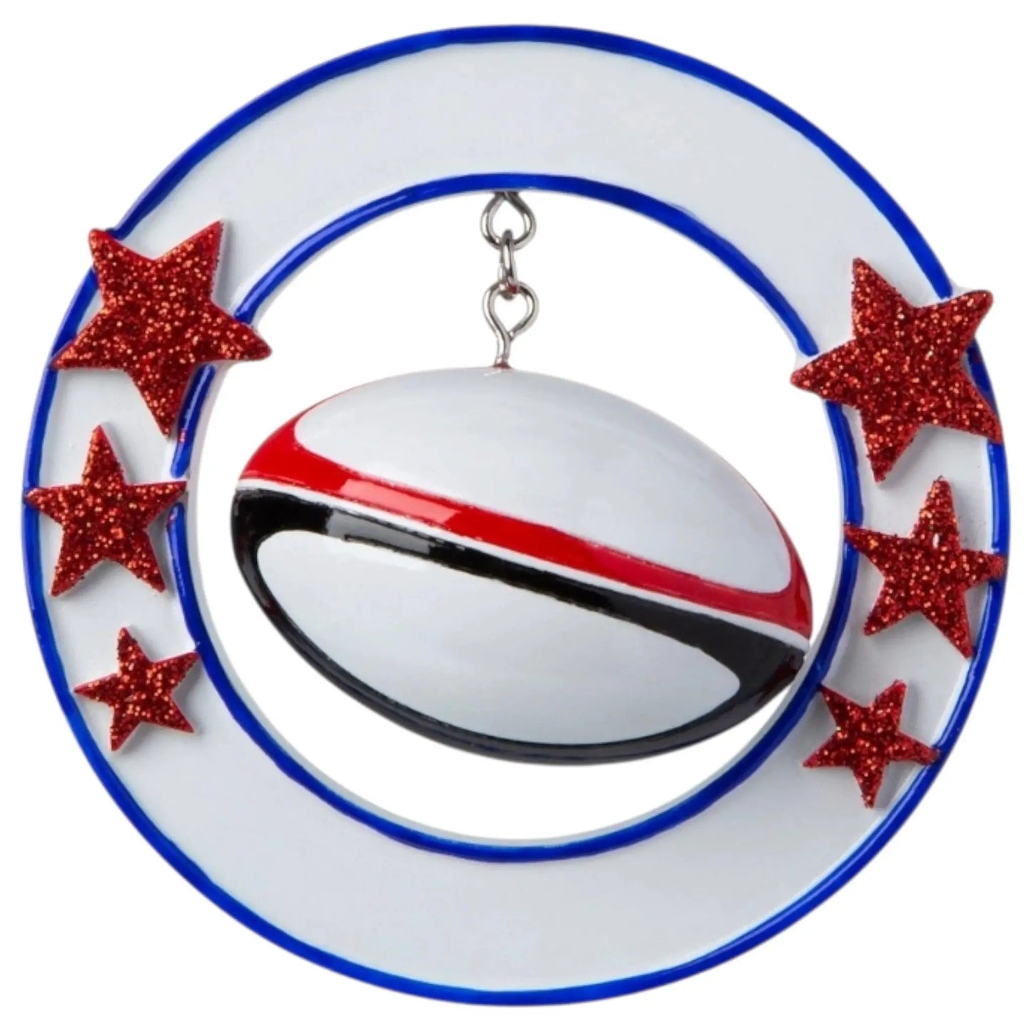 3D Rugby Ball Sports Ornament with red glitter stars on white ball, hanging loop on Tampa Home & Garden Store