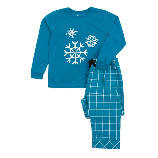 Snowflake kids pajama set teal poly top and teal plaid flannel pants The Country Christmas Loft on Tampa Home & Garden Store