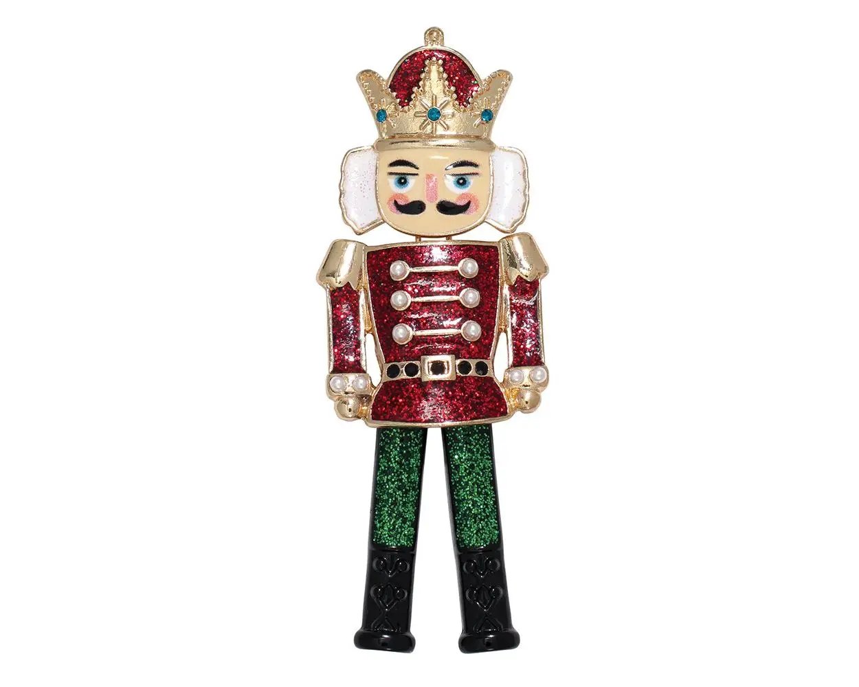 Dancing and Jolly Nutcracker Prince Pin with red glitter tunic, gold crown, green glitter pants on Tampa Home & Garden Store