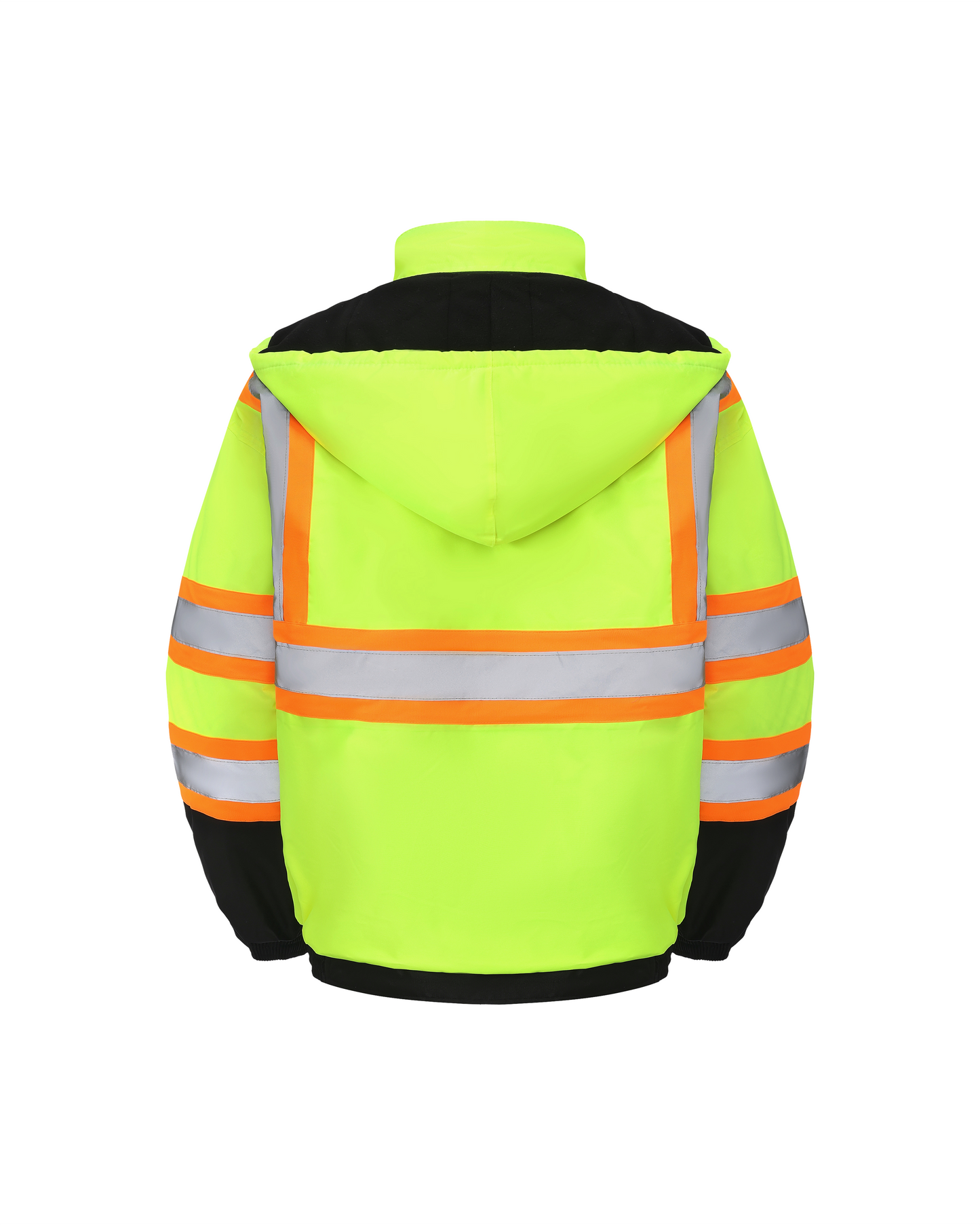 High-Visibility Hooded Jacket neon yellow with silver reflective bands and orange trim back view on Tampa Home & Garden Store