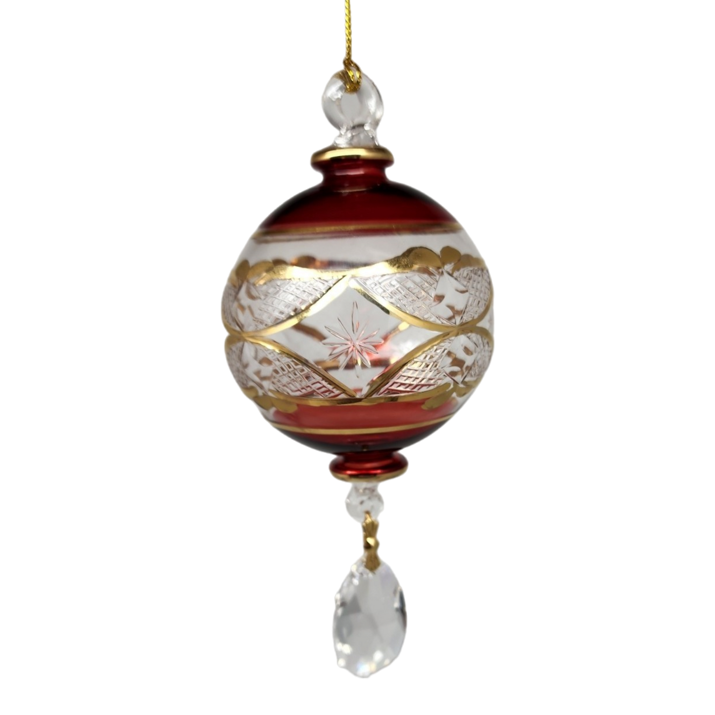 Etched Blown Glass Ball Ornament red with crystal dangle and gold accents on Tampa Home & Garden Store