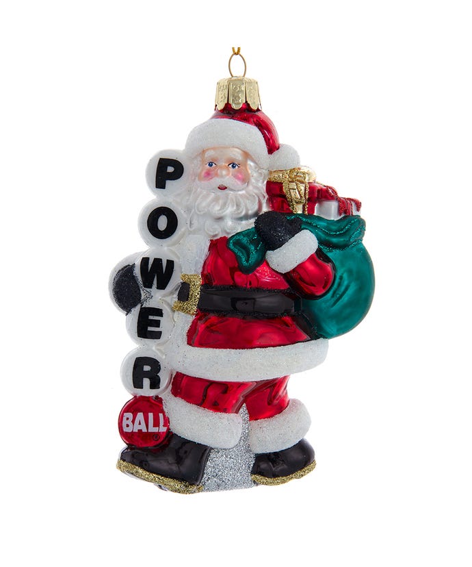 Power Ball Santa Glass Ornament, red suit, green sack, The Country Christmas Loft on Tampa Home & Garden Store
