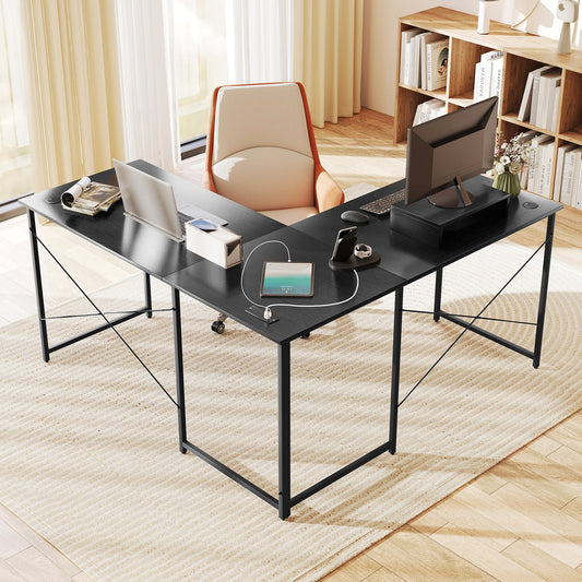 95 Inch 2-Person L-Shaped Long Reversible Computer Desk with Monitor Stand-Black - Tampa Home & Garden Store